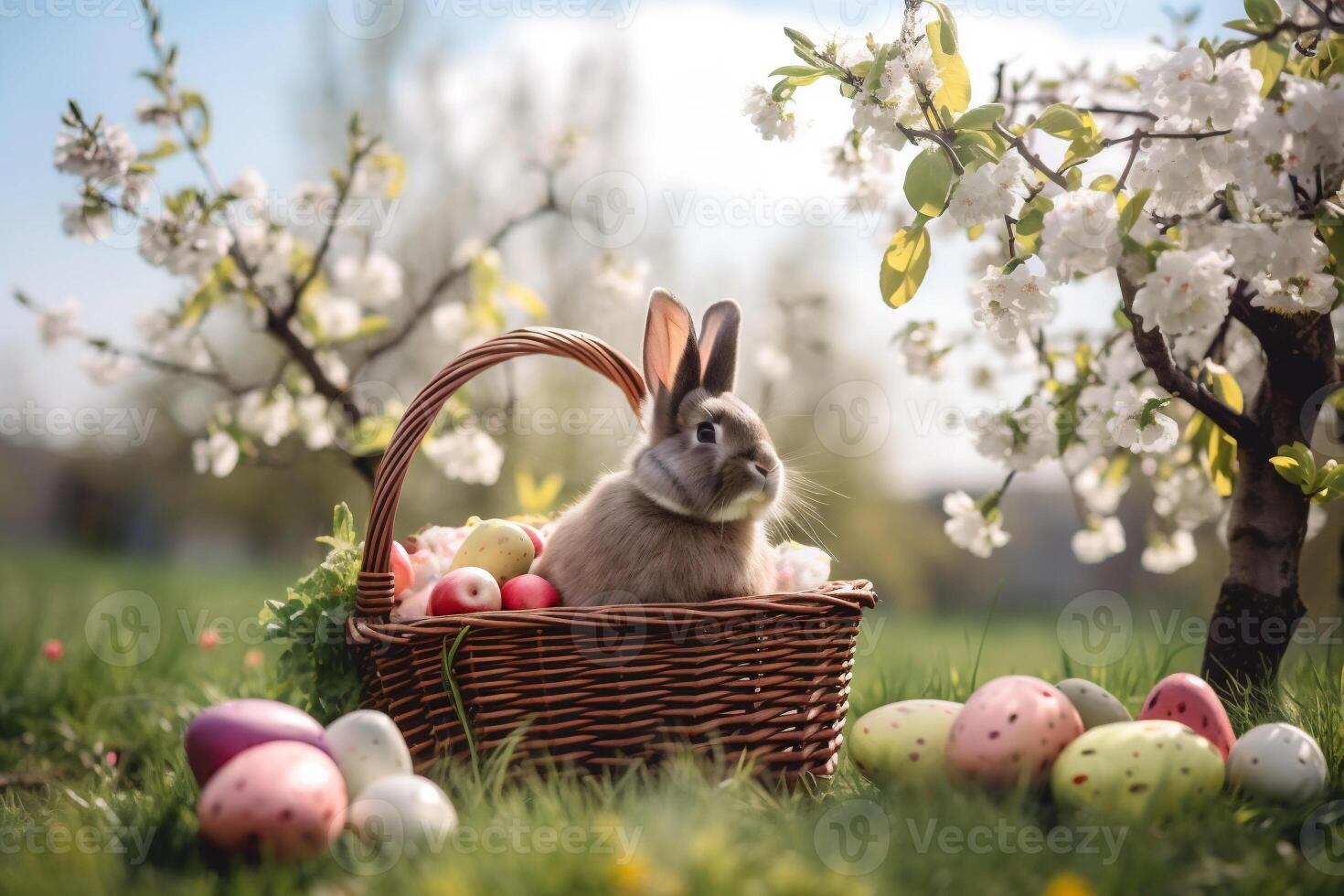 ai genererad kanin med korg och påsk ägg utomhus foto