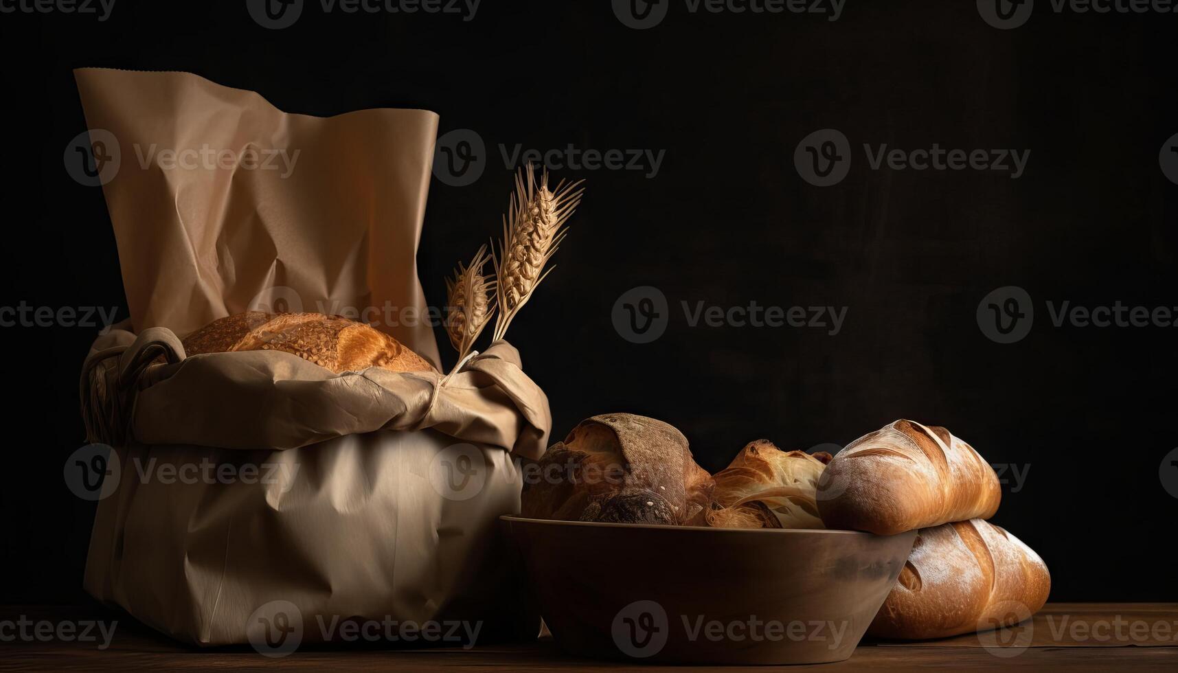 papper väska med bröd och korg av bakverk. generativ ai foto