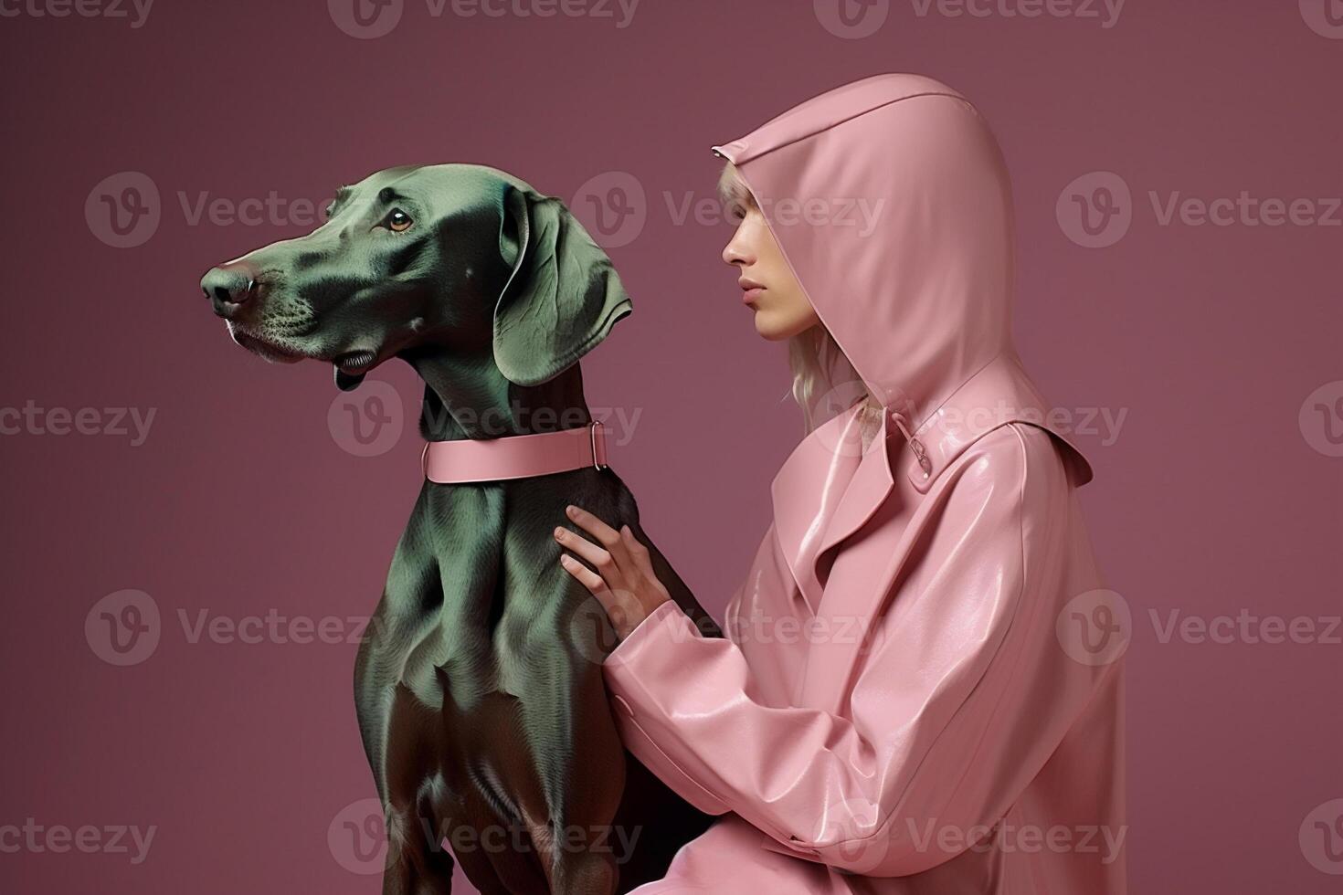 ai genererad kvinna med weimaraner hund i trogen stil foto