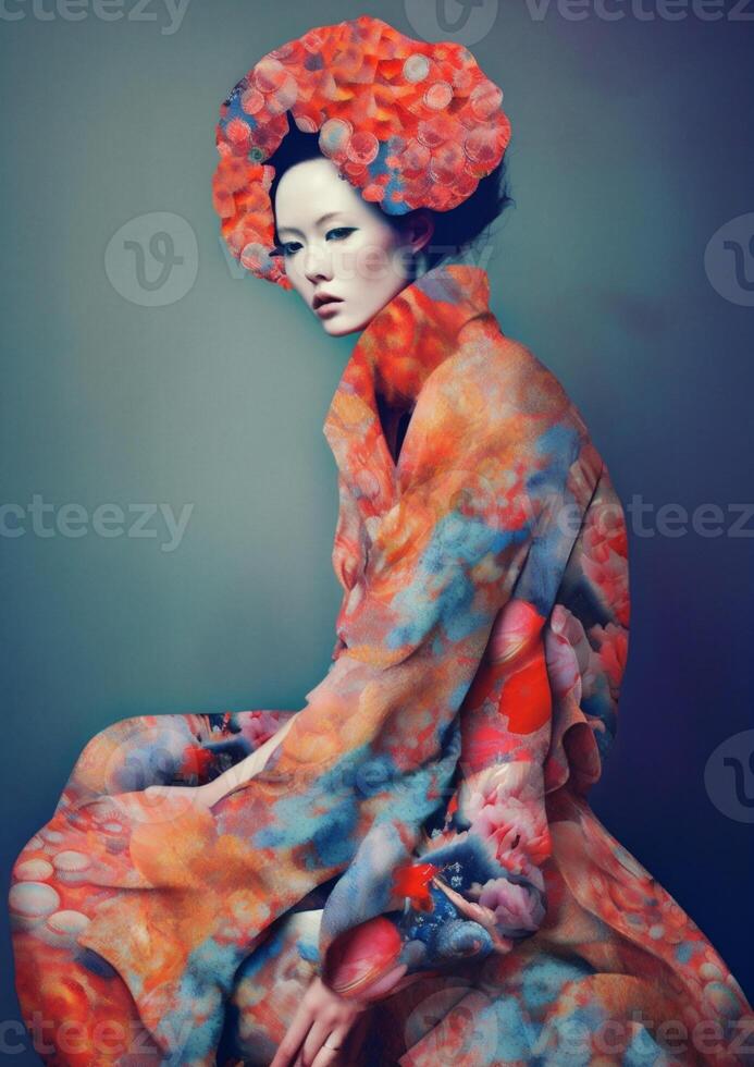 ai genererad kvinna geisha, modern japansk stil foto