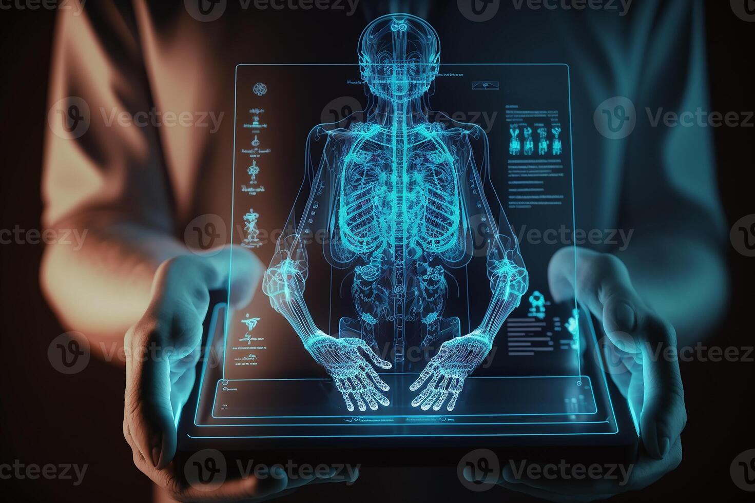 de läkare är innehav en holografiska röntgen av de mänsklig kropp. generativ ai foto