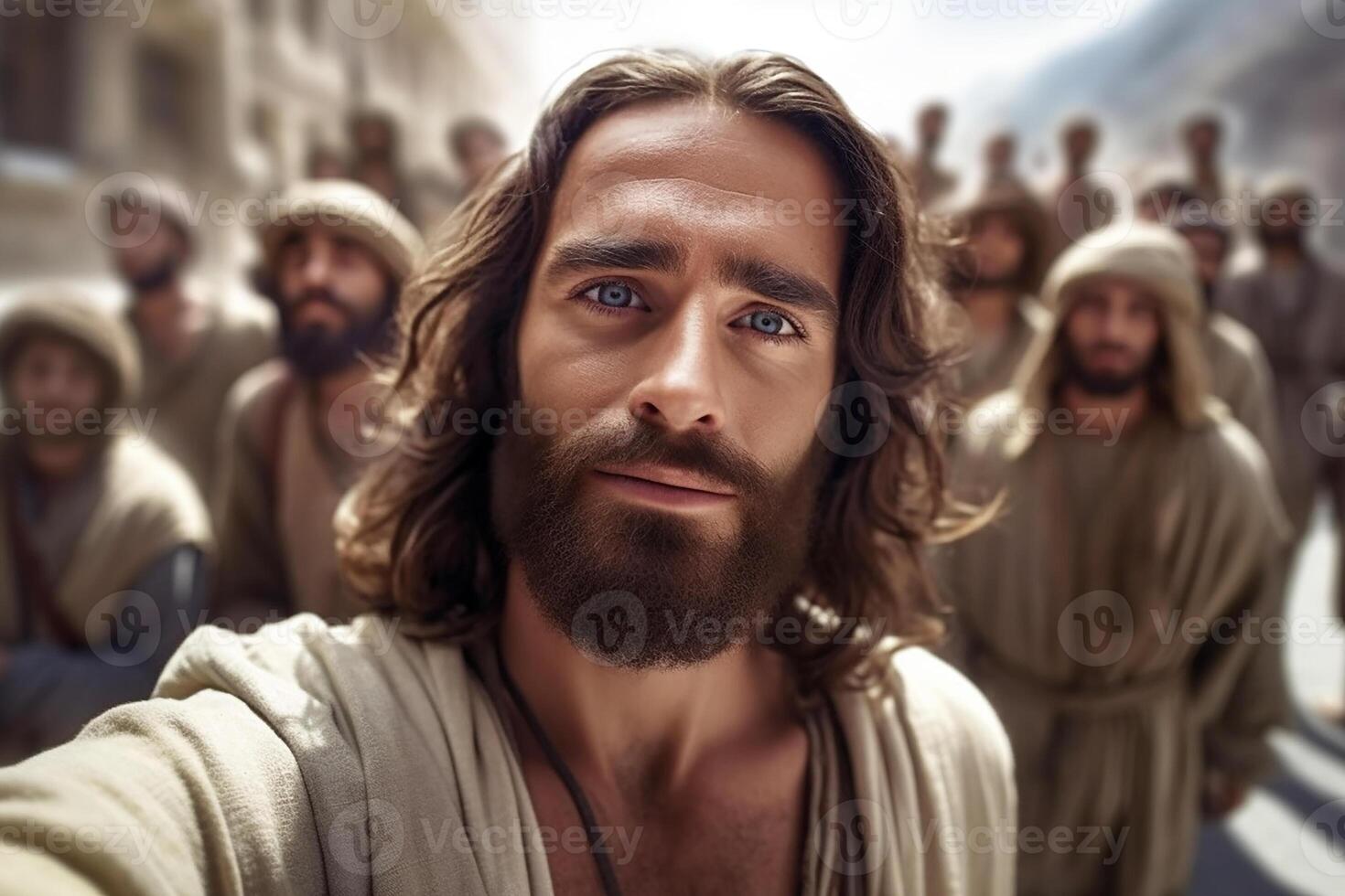 Jesus tar selfies. porträtt av en man vem utseende tycka om christ tar bilder av han själv och hans vänner. generativ ai foto