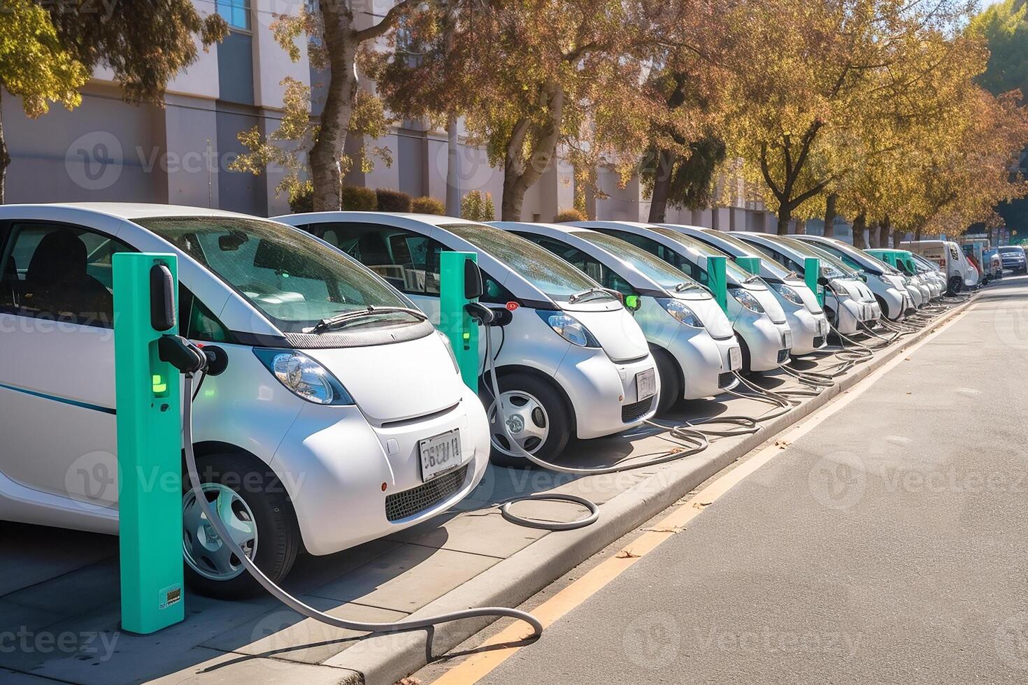 elektrisk bilar är parkerad i de parkering massa för uppladdning. generativ ai foto