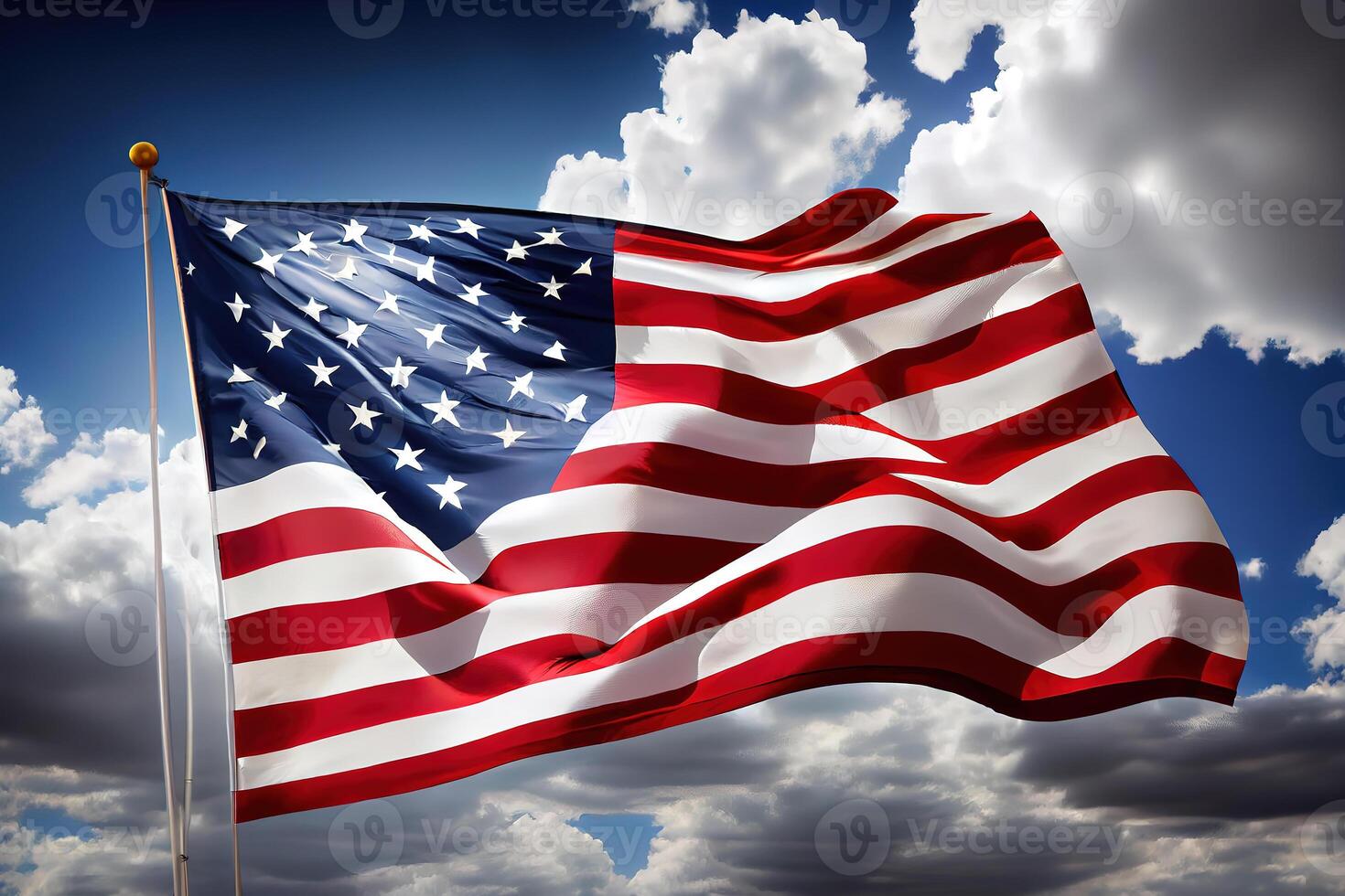 närbild skott av de amerikan flagga vinka i de luft under en molnig himmel. Lycklig arbetskraft dag. generativ ai foto