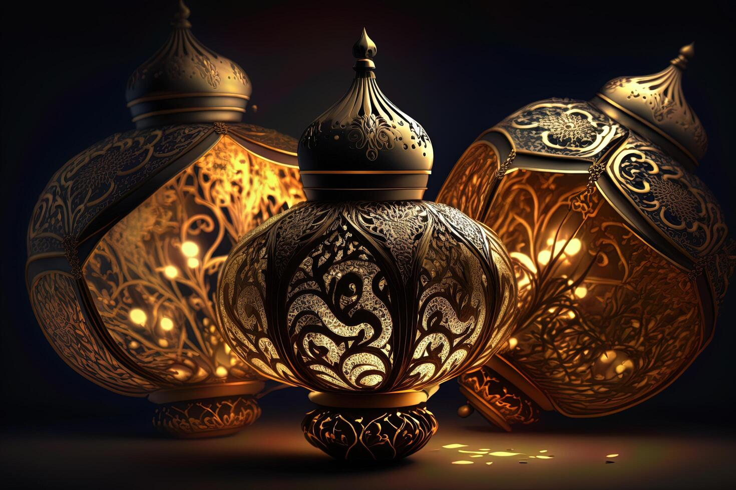 eid mubarak bakgrund, moské i de månsken på natt 3d illustration, arabicum lyktor, ai generativ. foto