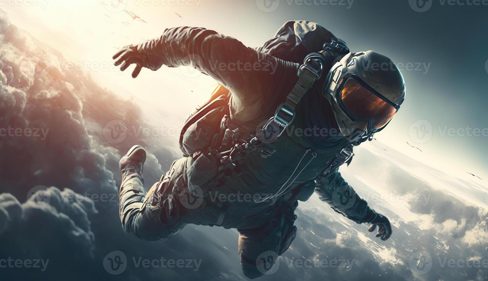fallskärmshoppare Hoppar ut av en plan, med en känsla av spänning och spänning och en fokus på äventyr och adrenalin , generativ ai foto