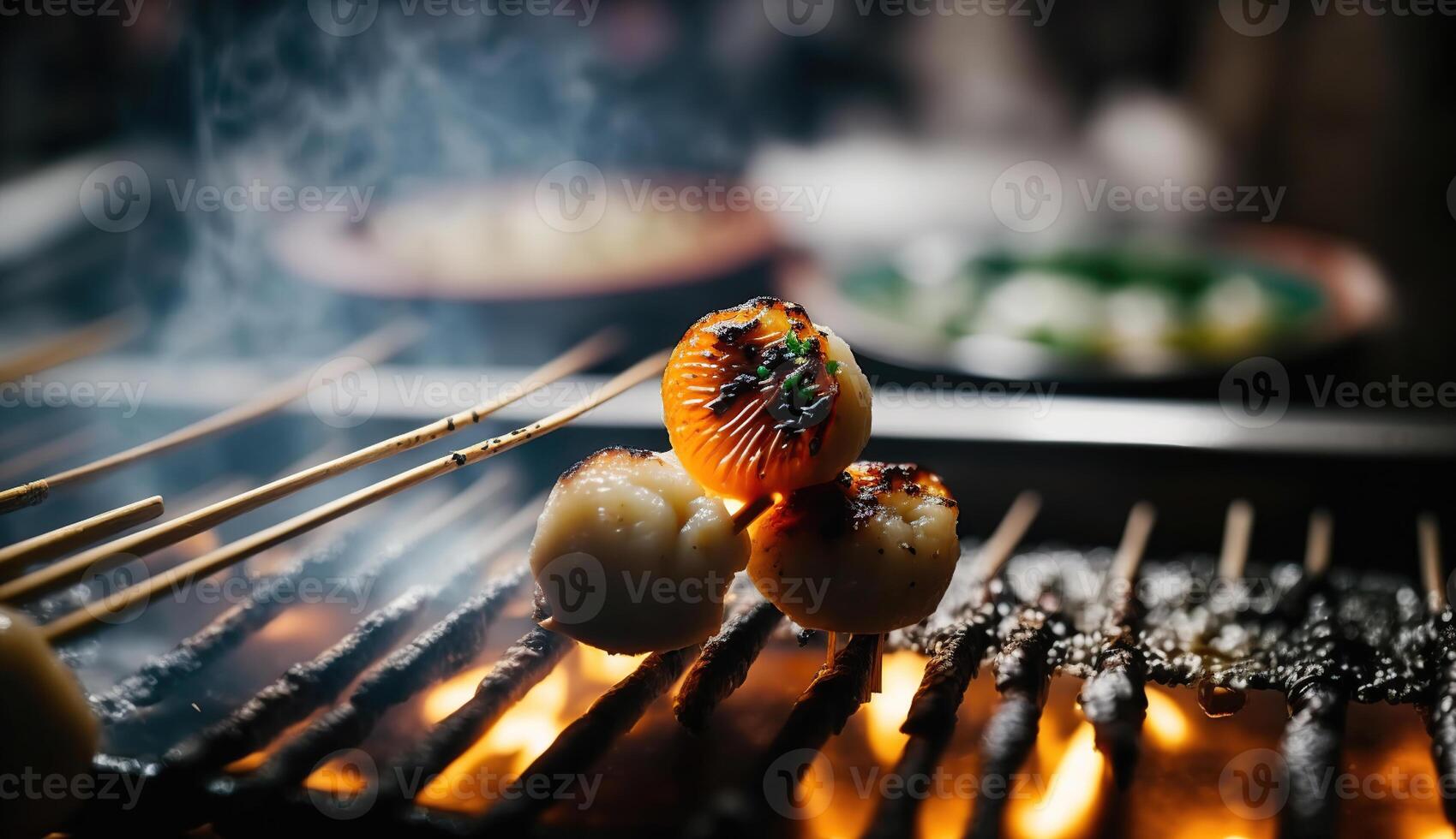 grillad skaldjur kammussla och hav kråka ägg grillspett med rök, japansk gata mat på tsukiji fisk marknadsföra, japan. selektiv fokus och filma stil, generativ ai foto