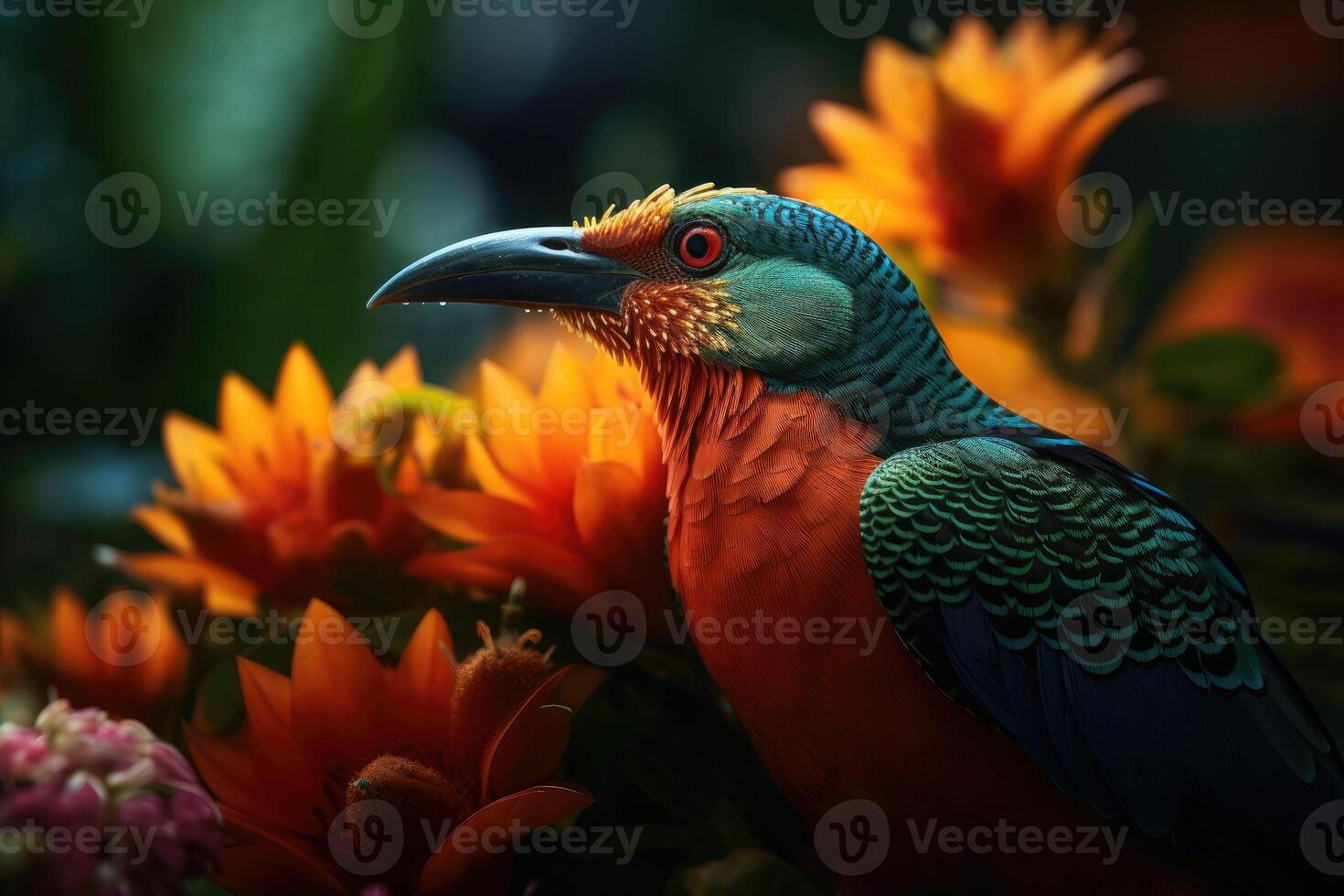 färgad tropisk fågel och skön overkligt blommor. generativ ai foto