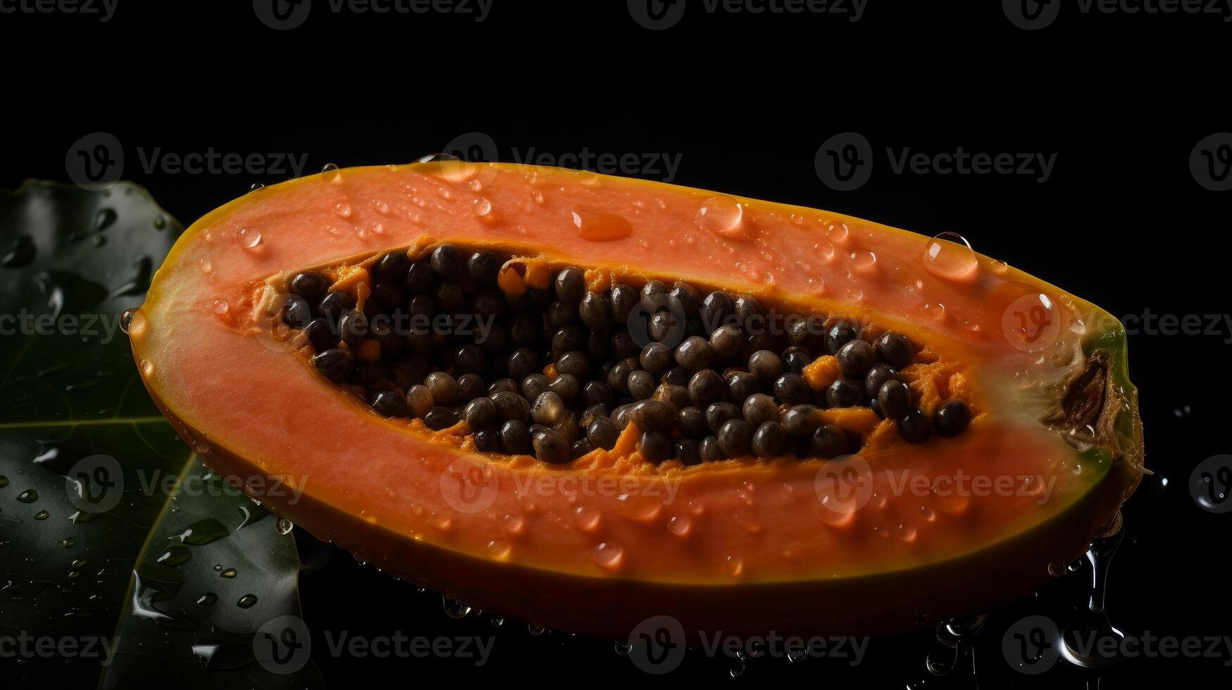 papaya på svart bakgrund synlig droppar av vatten generativ ai foto