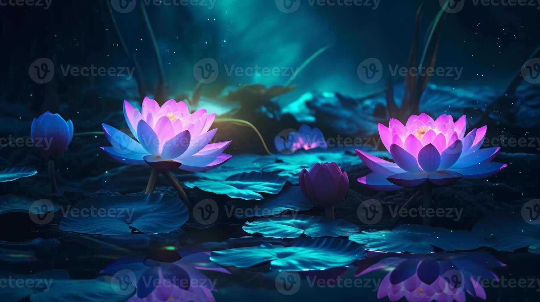 två rosa blomning lotus lysande bild generativ ai foto