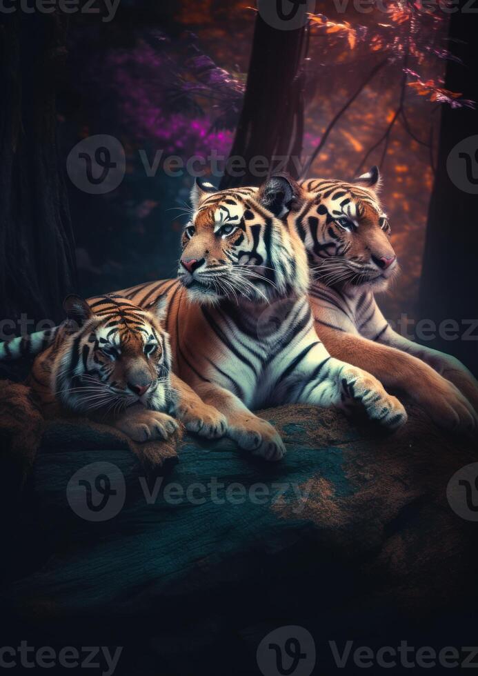 bild av tiger familj Sammanträde tillsammans på trädets gren generativ ai foto