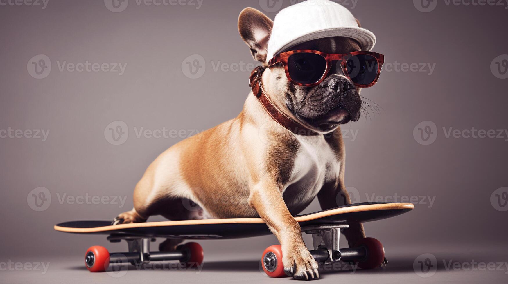 ai genererad Häftigt röd ingefära hund bulldogg i solglasögon och vit keps Sammanträde på skateboard rolig husdjur generativ ai foto
