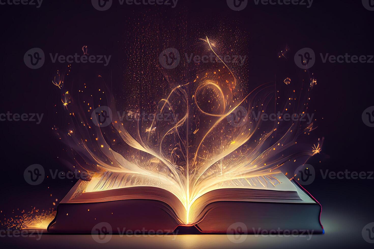 öppen magi bok med ljus kommande ut. generativ ai foto