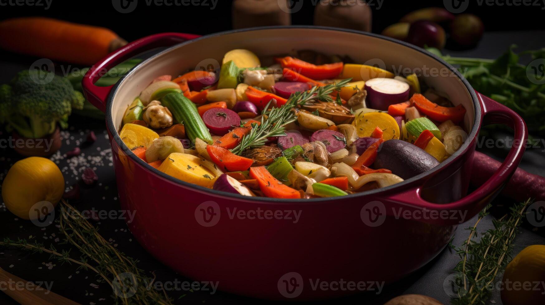 skål med ratatouille, friska mat med grönsaker generativ ai foto