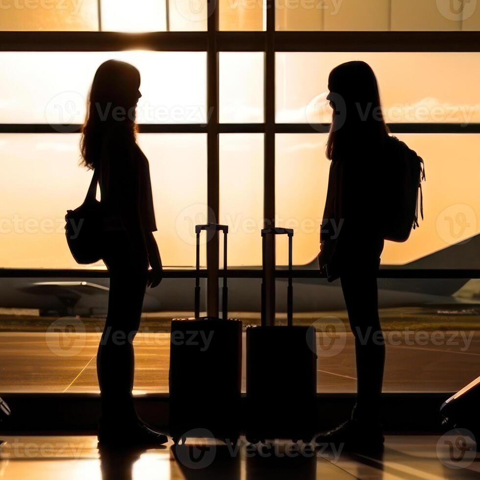 silhuetter av flickor med bagage på de flygplats resa flyg generativ ai foto
