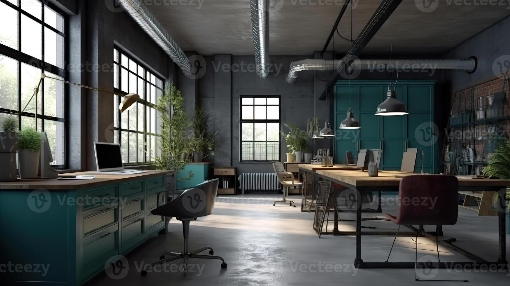 modern kontor interiör i loft, industriell stil, 3d framställa. generativ ai foto