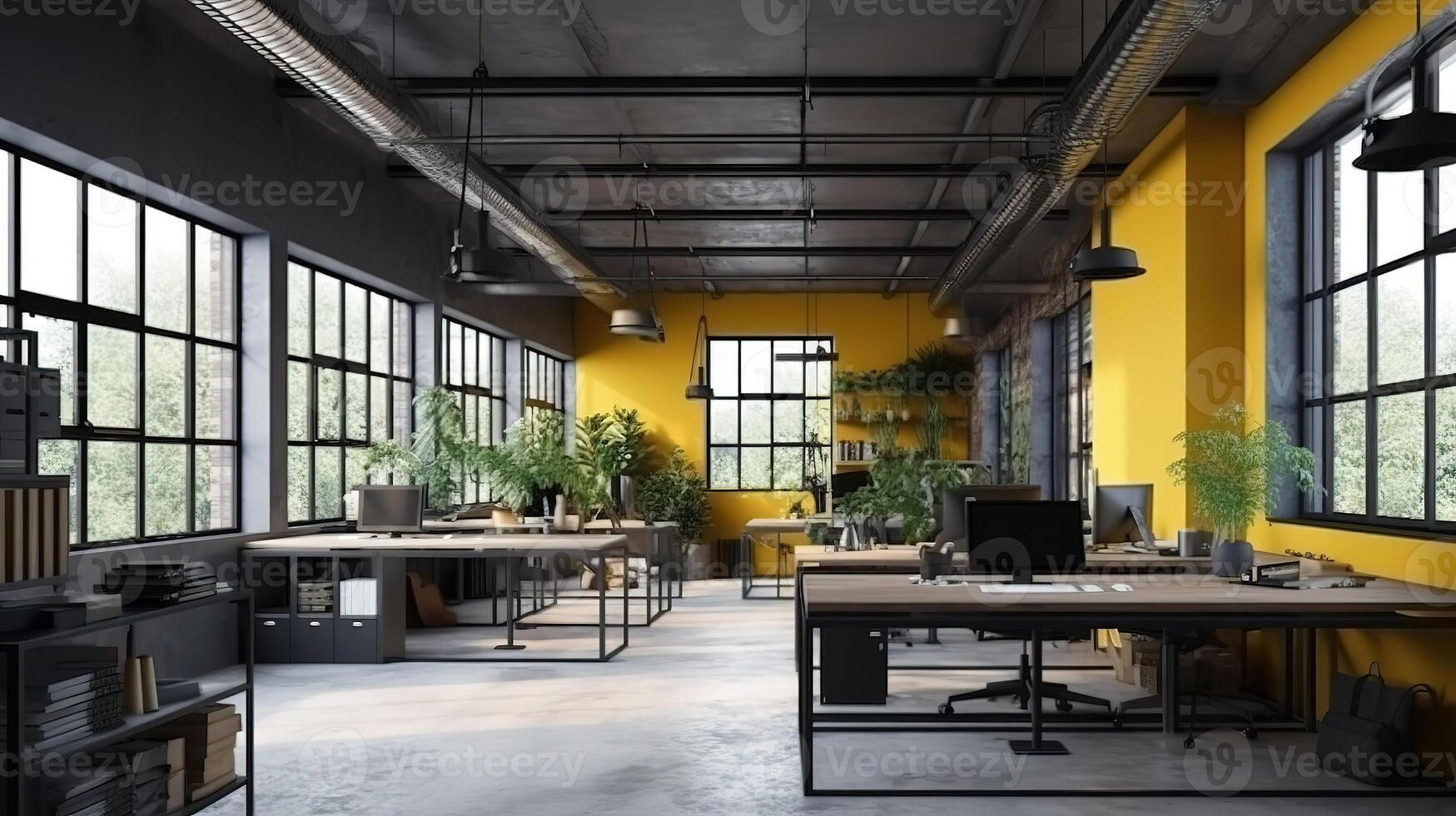 modern kontor interiör i loft, industriell stil, 3d framställa. generativ ai foto