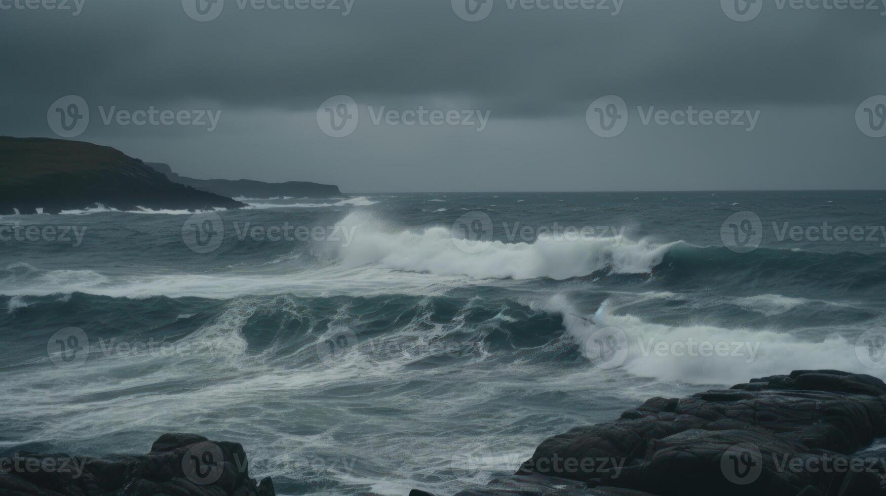 rasande hav vågor i molnig väder, stormig hav generativ ai foto