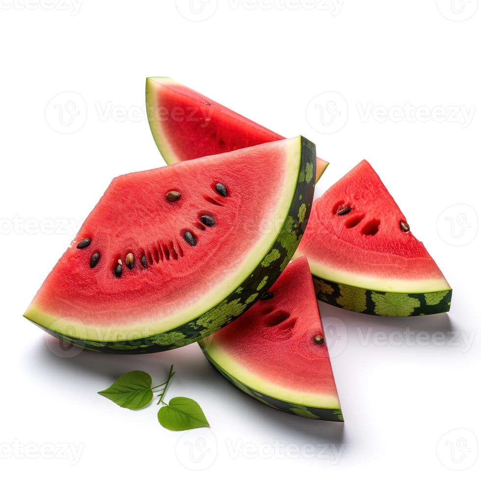 skivor av vattenmelon frukt isolerat bild för falsk upp illustration fortfarande bild vit bakgrund med generativ ai foto