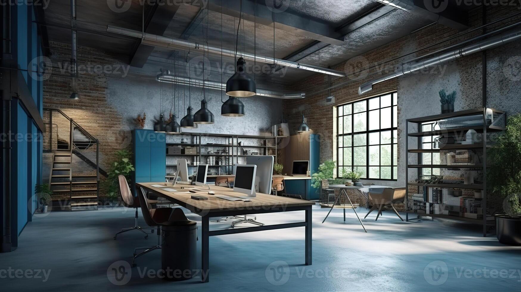 industriell loft stil kontor 3d framställa. generativ ai foto