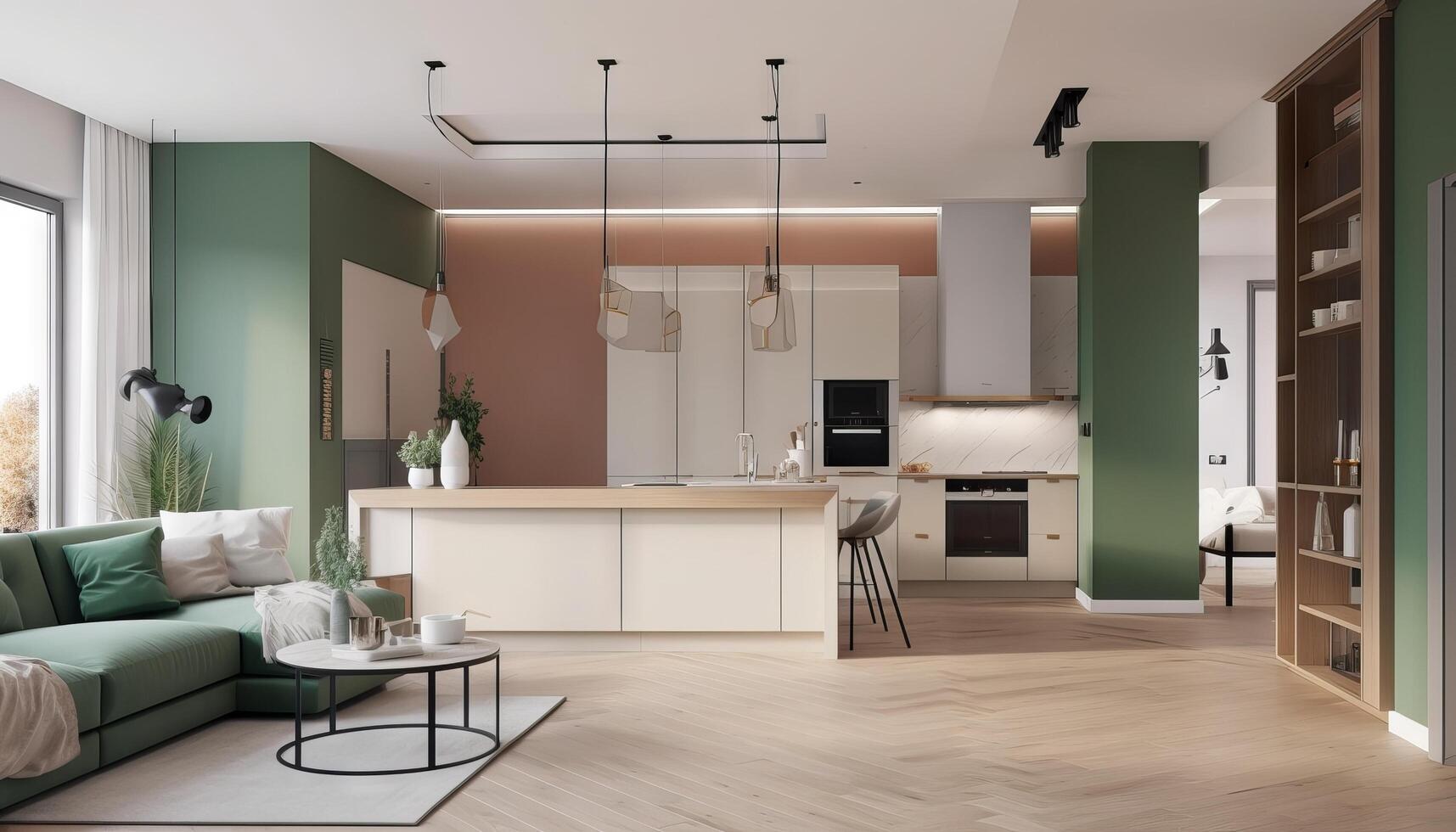 modern hus interiör av levande rum och en kök i beige och grön färger. generativ ai foto