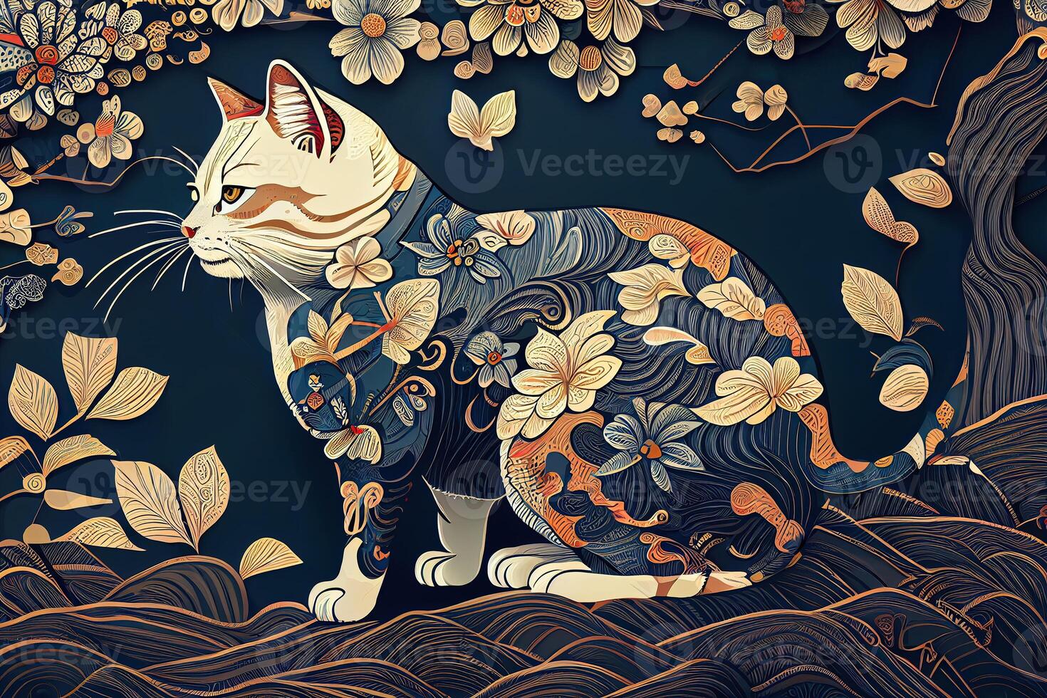 generativ ai illustration av en katt är utforska, japansk stil mönster bakgrund, pastell illustration foto