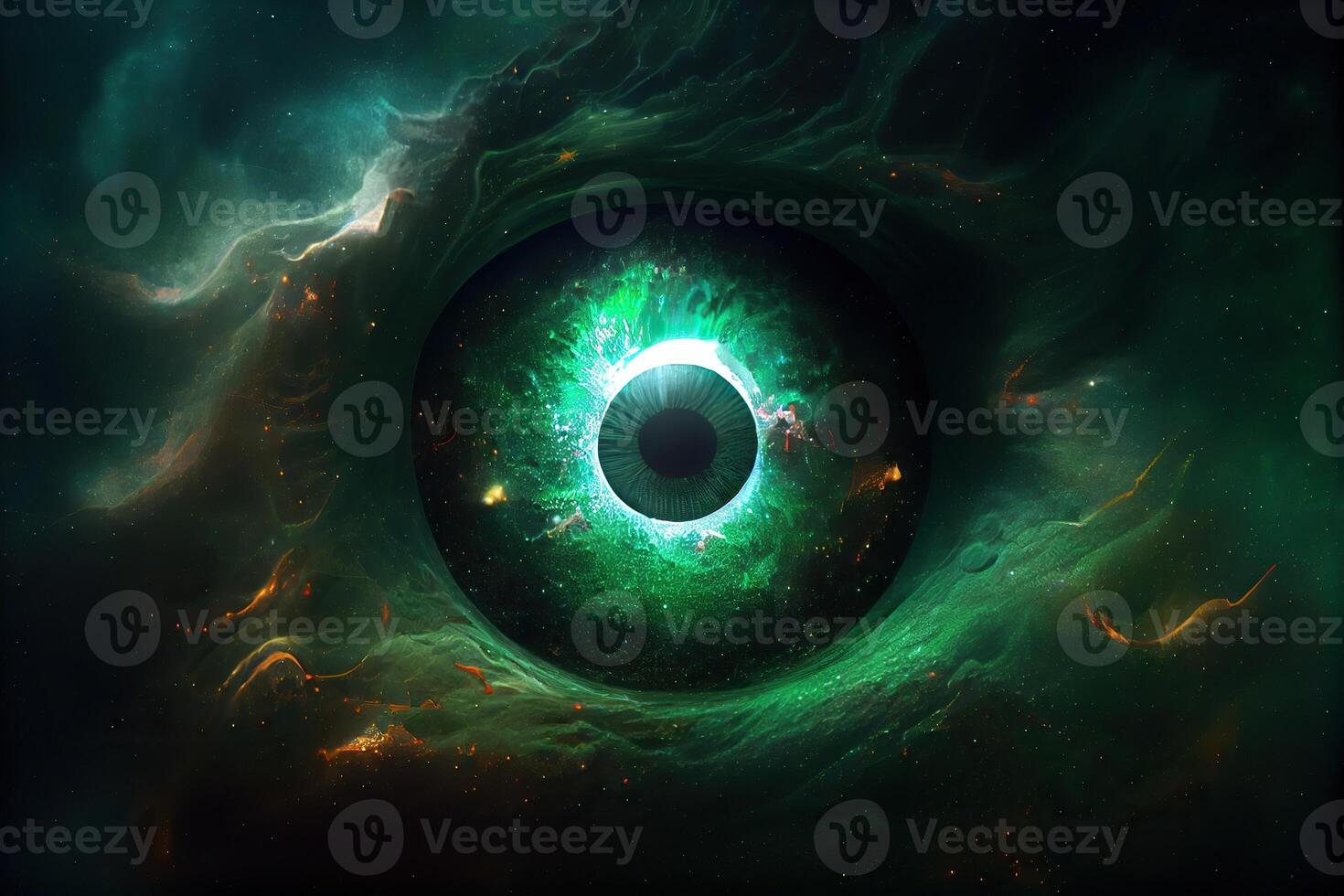 generativ ai illustration av en kosmisk varelse, varje öga är en neutron stjärna, hans mun är en svart hål, och han ger av en malakit grön aura foto