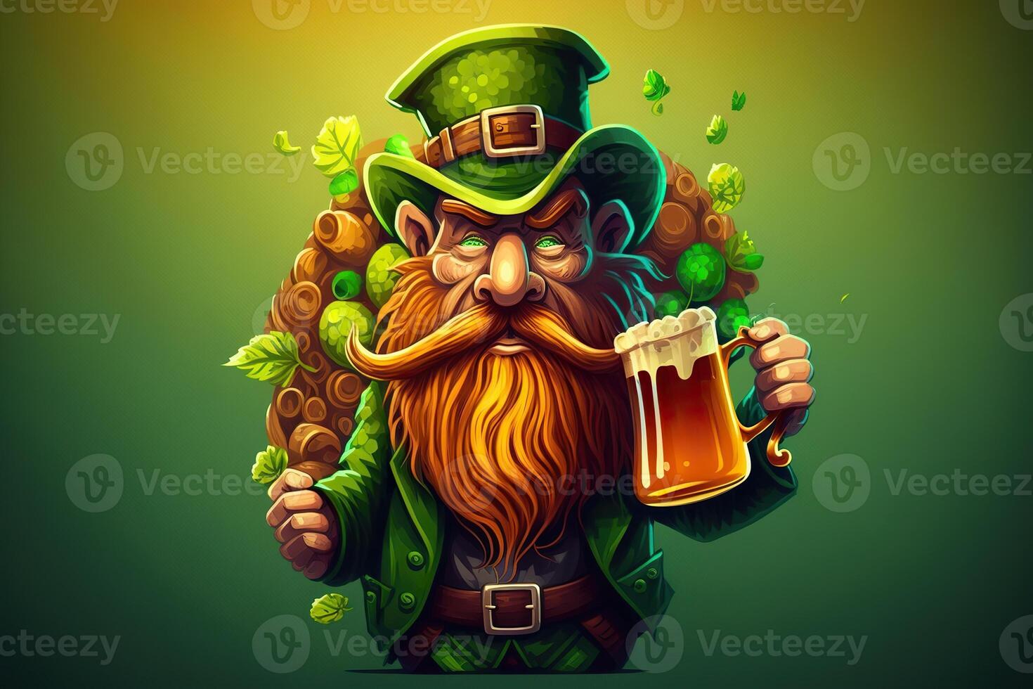 generativ ai illustration av nyckfull irländsk tecknad serie, vitklöver, öl, grön, pott av guld, Lycklig st. patrick dag, quilling papper skära konst foto