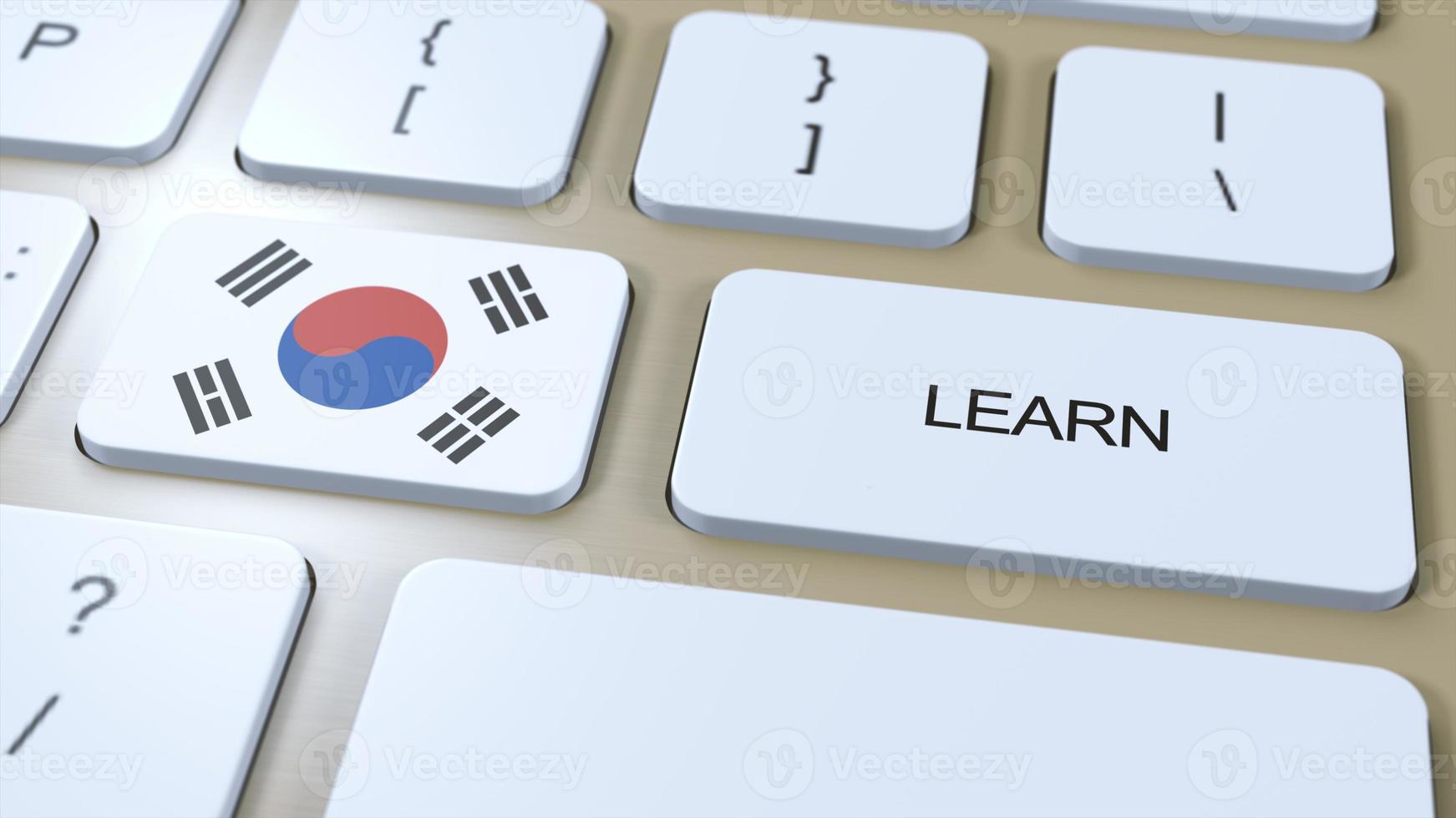 lära sig koreanska språk begrepp. uppkopplad studie kurser. knapp med text på tangentbord. 3d illustration foto