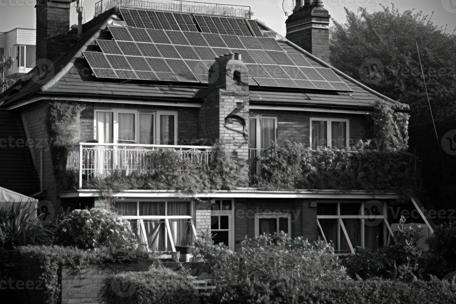 fotorealistisk sol- paneler installerad på de tak av en modern hus, betona de använda sig av av alternativ energi för en hållbar framtida. foto