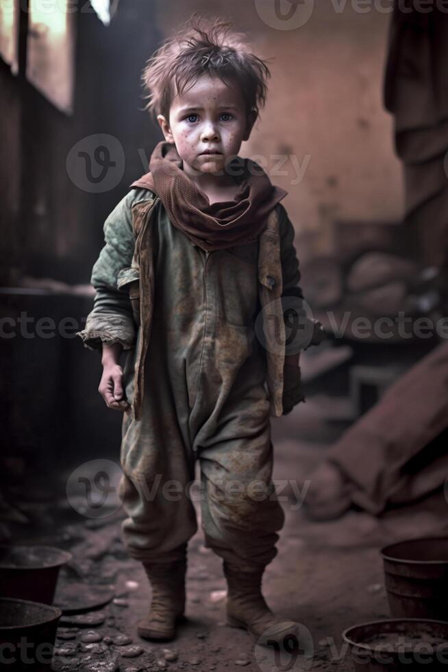 hemlös barn av krig offer, små barn med ledsen uttryck, generativ ai foto