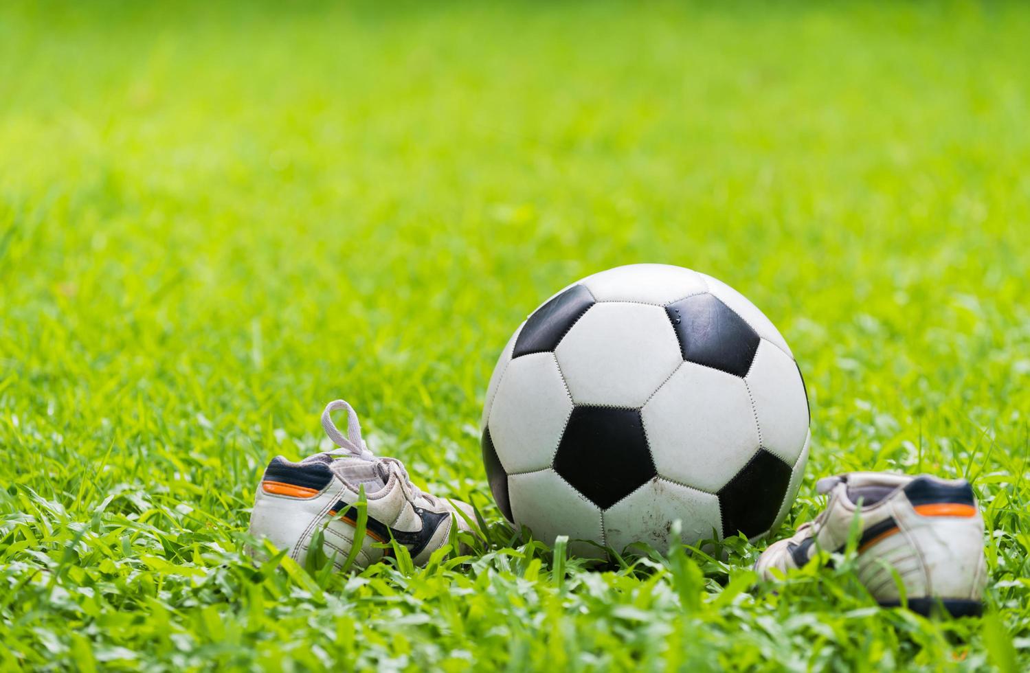 fotboll på grön gräs och hingst sko. foto