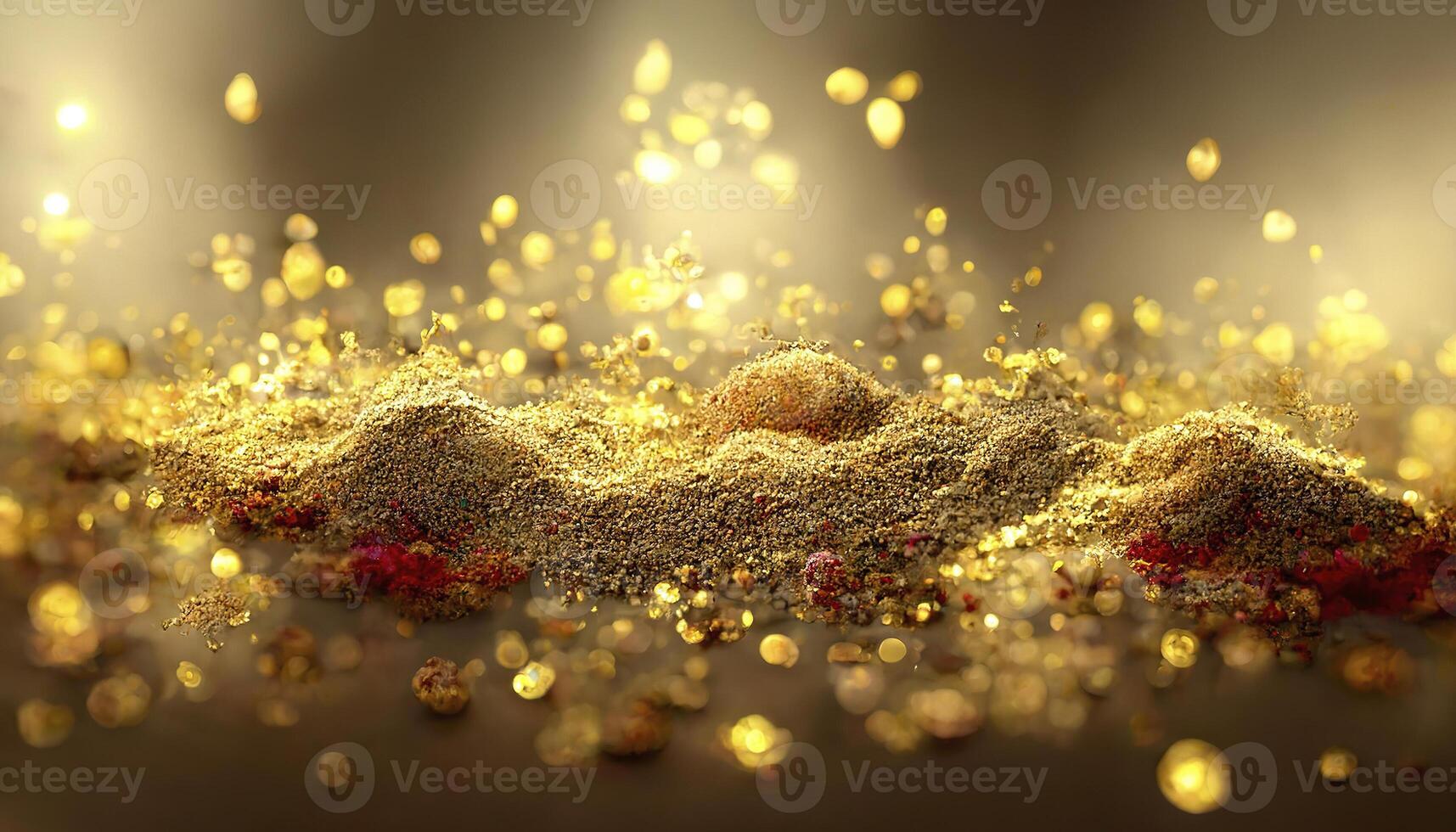 abstrakt elegant, detaljerad guld glitter partiklar strömma med grund djup av fält under vattnet. Semester magi skimrande lyx bakgrund. festlig pärlar och lampor ai generativ foto