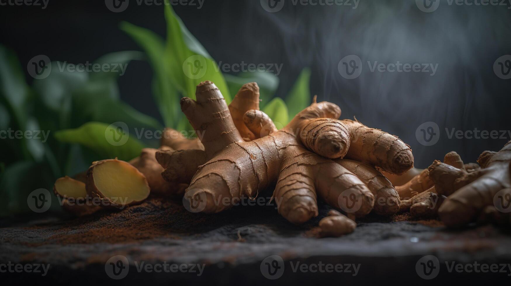 generativ ai, ingefära rot krydda fotorealistisk illustartion på mörk bakgrund. foto