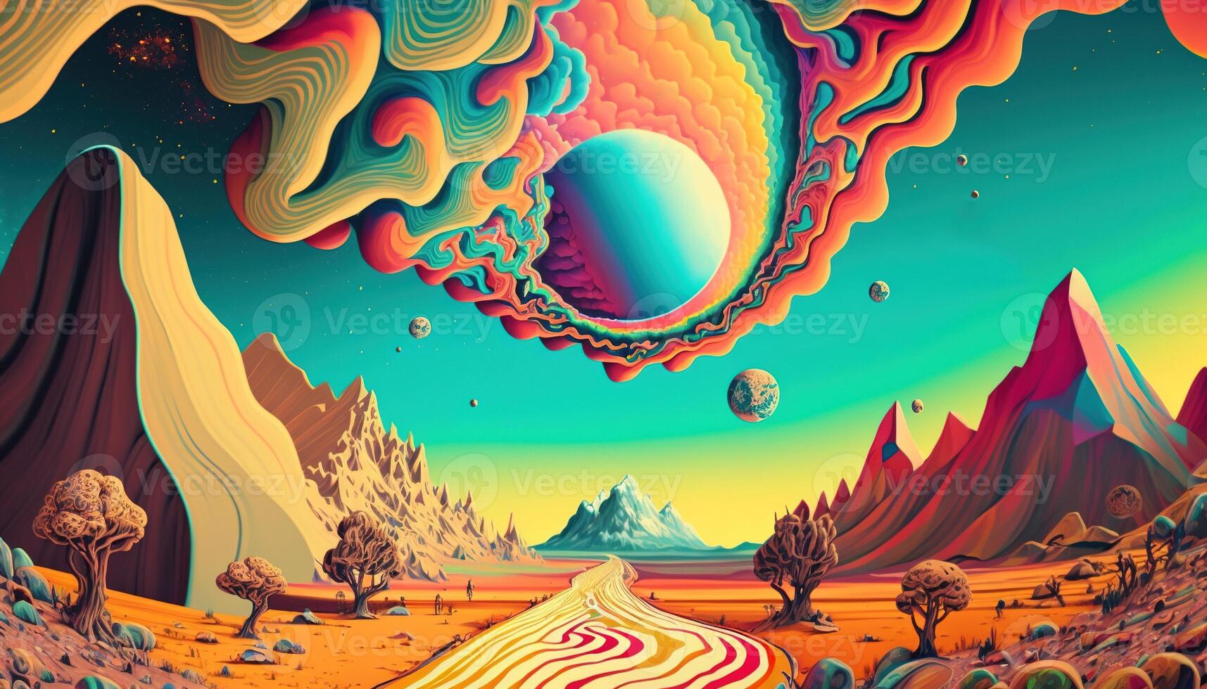 generativ ai, utomjording planet landskap. psychedelic Plats baner mall, bakgrund. horisontell illustration av de framtida med berg, planeter, träd, måne. surrealist eskapism. foto