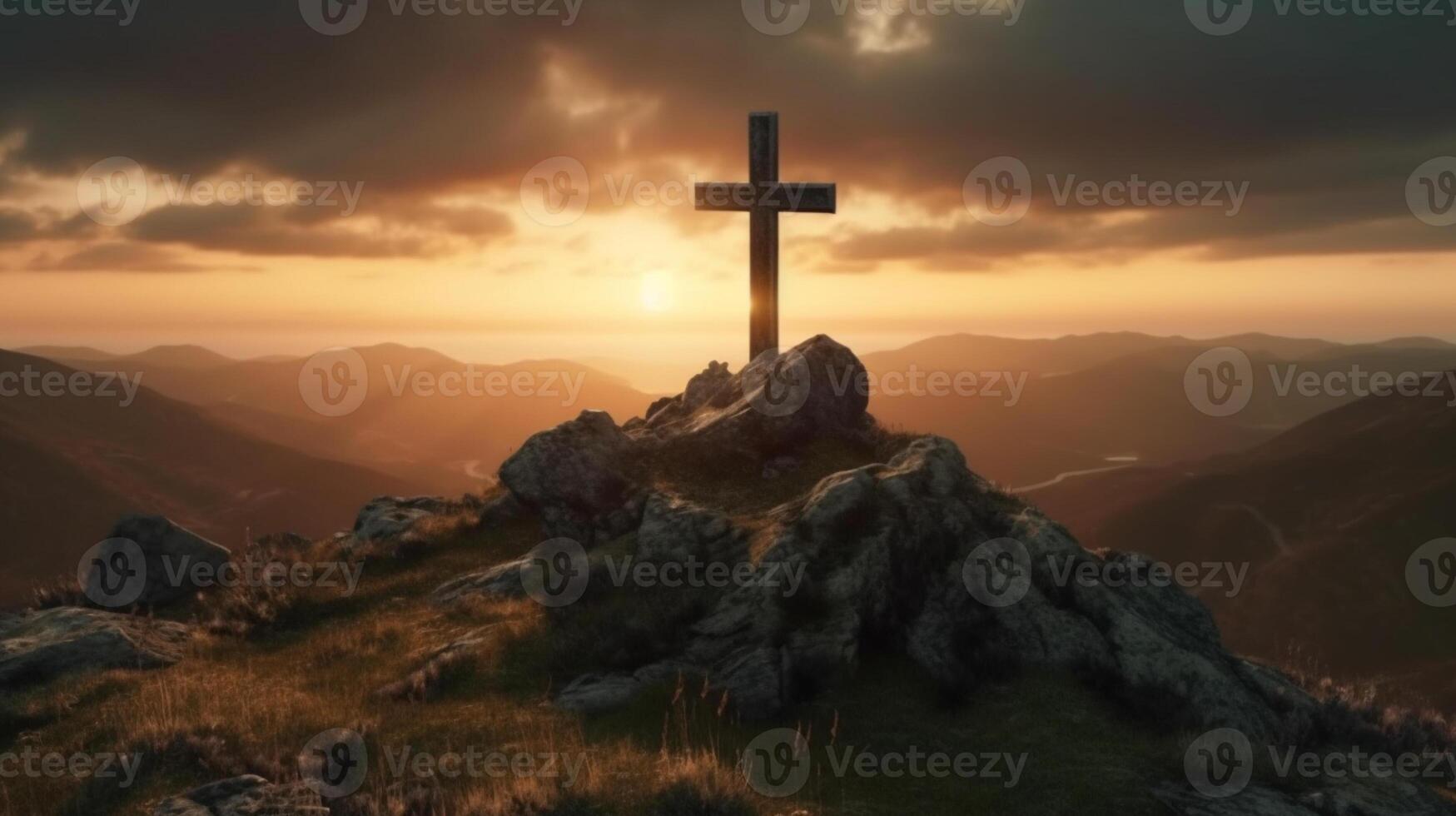 en trä- korsa på de topp av berg . ai genererad konstverk foto