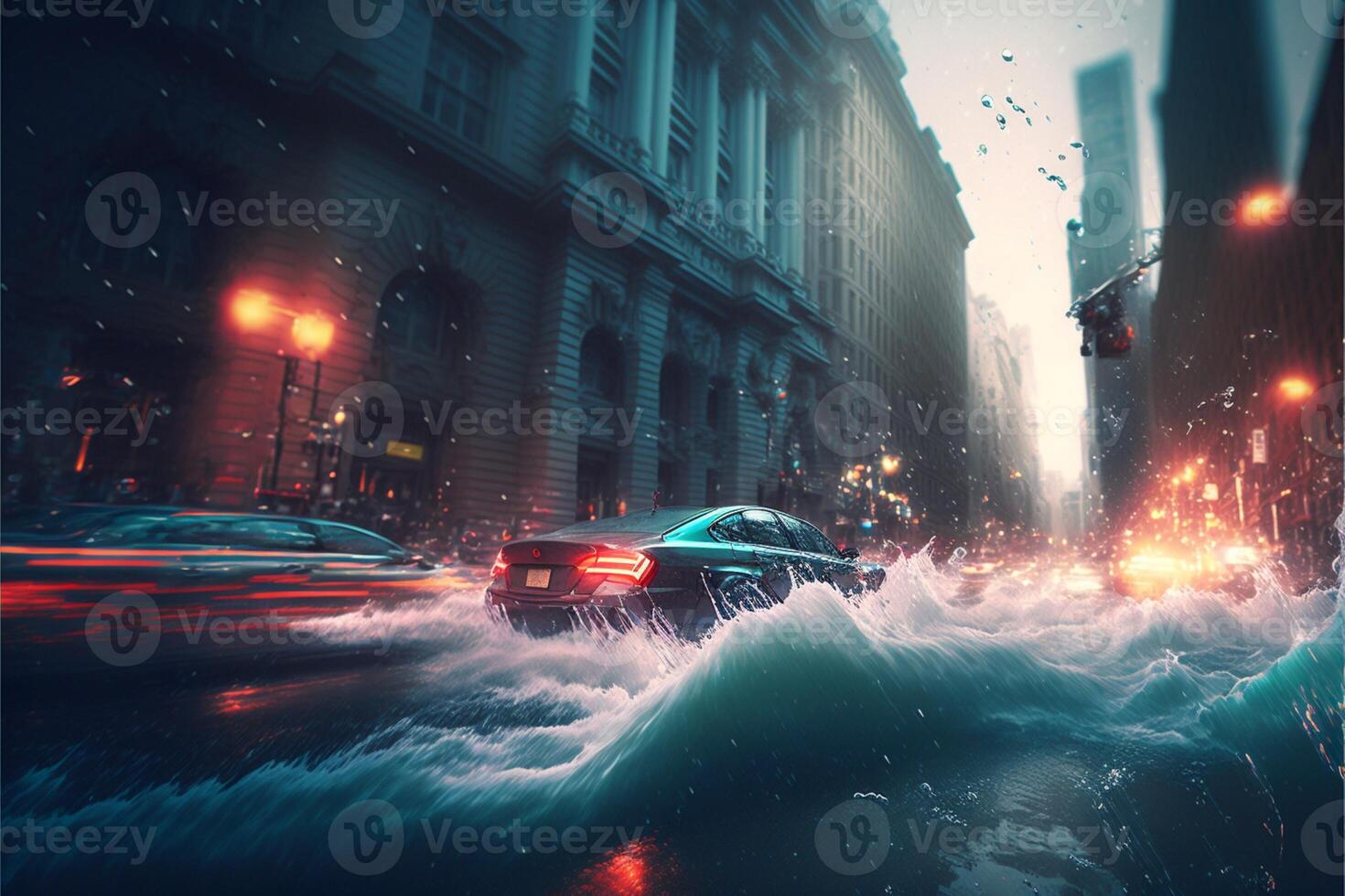 bil körning genom en översvämmad stad på natt. generativ ai. foto