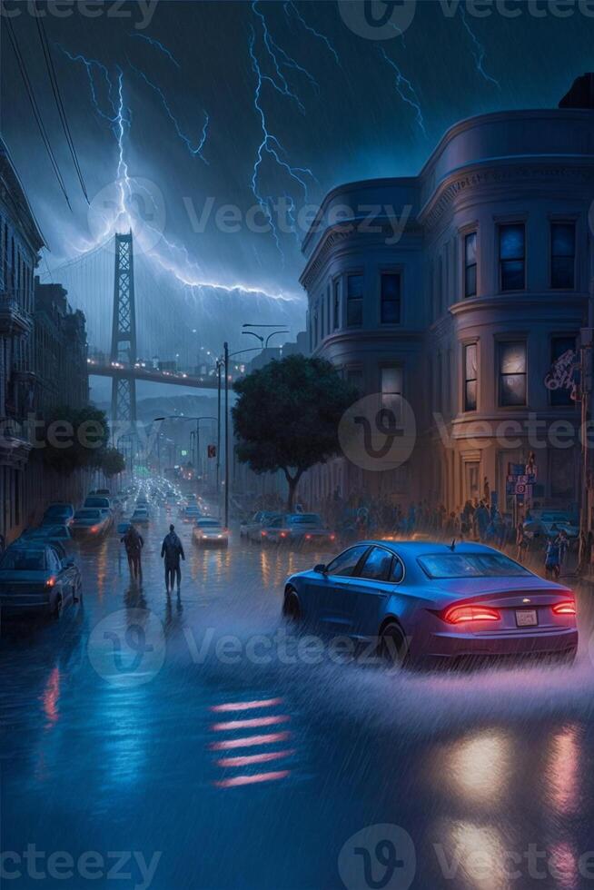 par av bilar körning ner en regn uppblött gata. generativ ai. foto