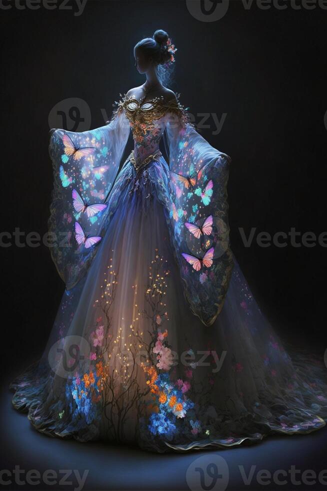mode design strålkastare lyser på en kinesisk hanfu klänning. generativ ai. foto