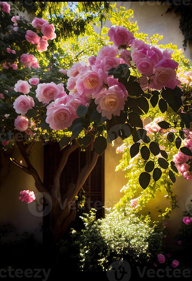 solsken och raina blomning reste sig träd. generativ ai foto