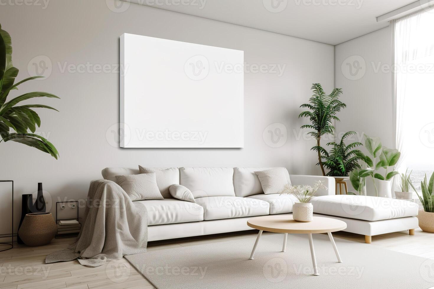 tom vit duk inuti av en levande rum för en vägg konst attrapp illustration med generativ ai foto
