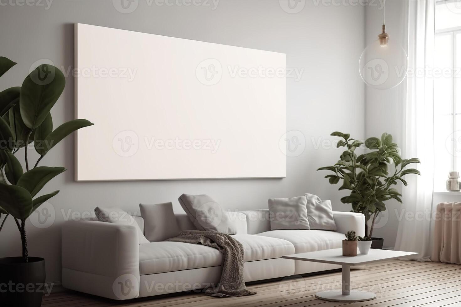 tom vit duk inuti av en levande rum för en vägg konst attrapp illustration med generativ ai foto