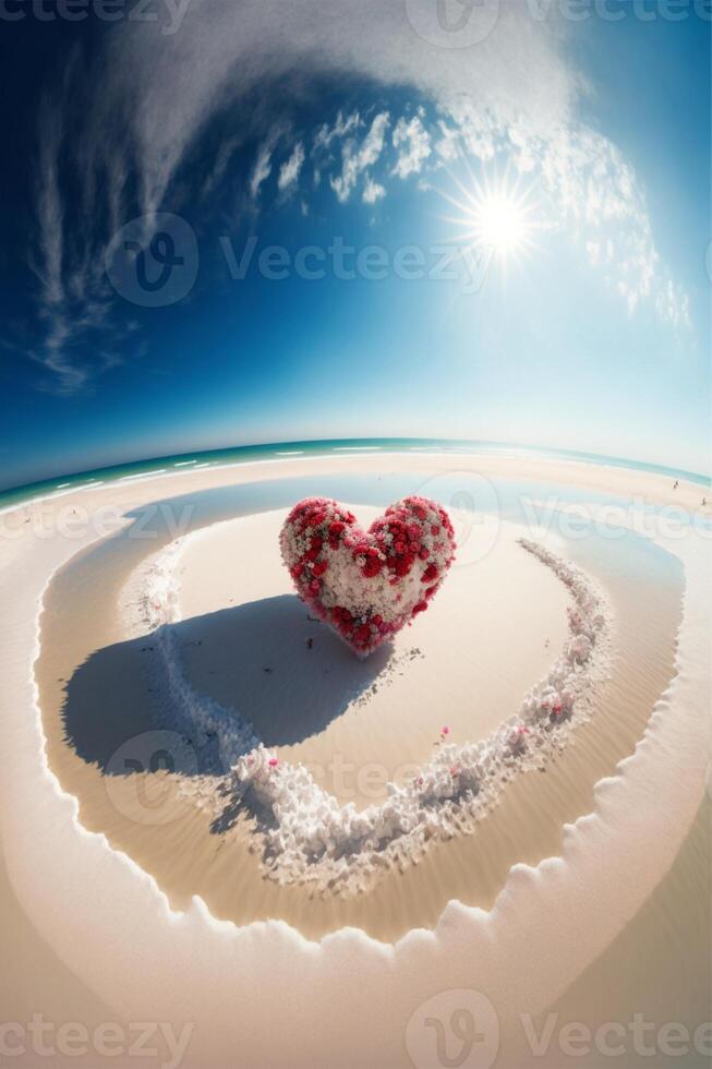 hjärta formad kaka Sammanträde på topp av en sandig strand. generativ ai. foto