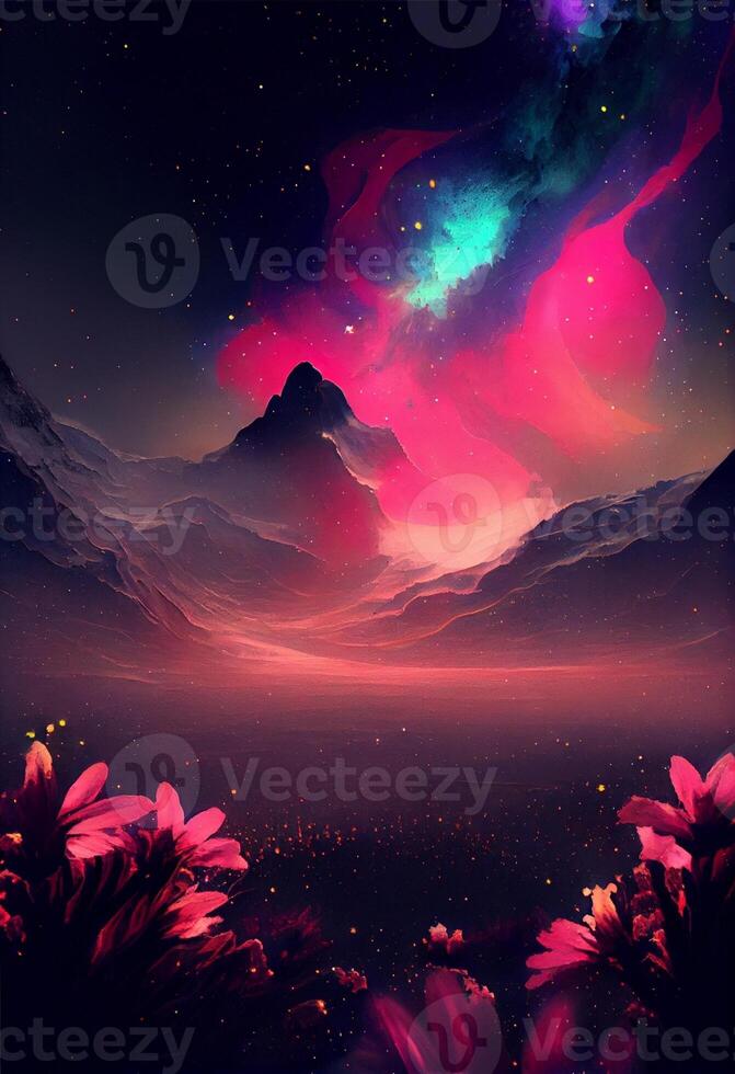 målning av en berg med blommor i de förgrund. generativ ai. foto