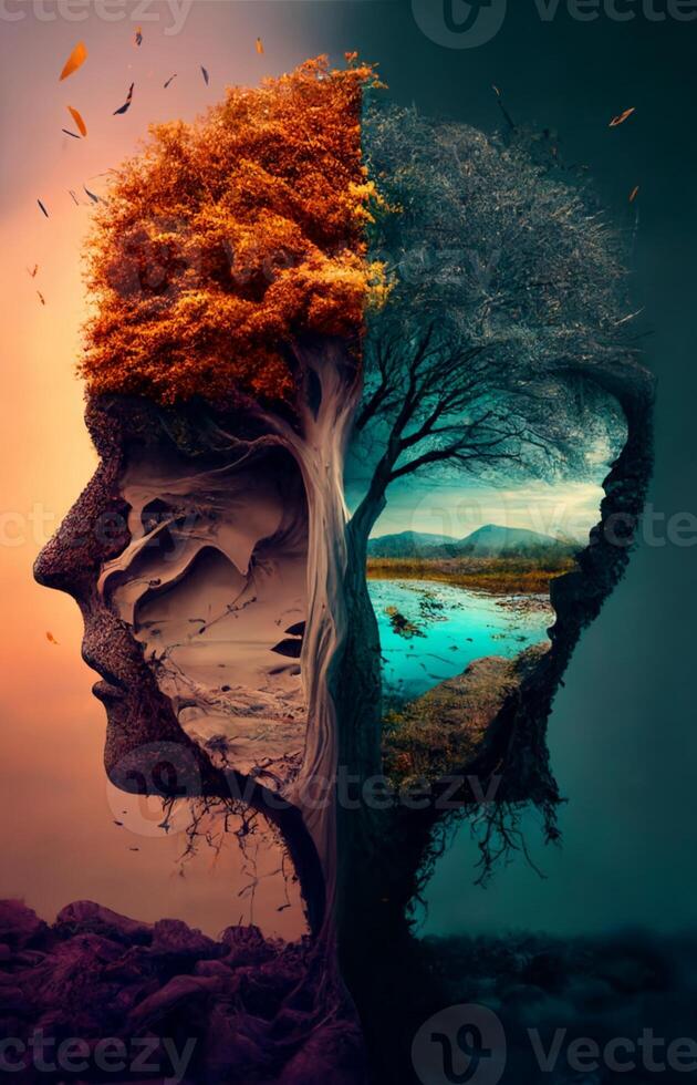 träd i de form av en mannens huvud. generativ ai. foto