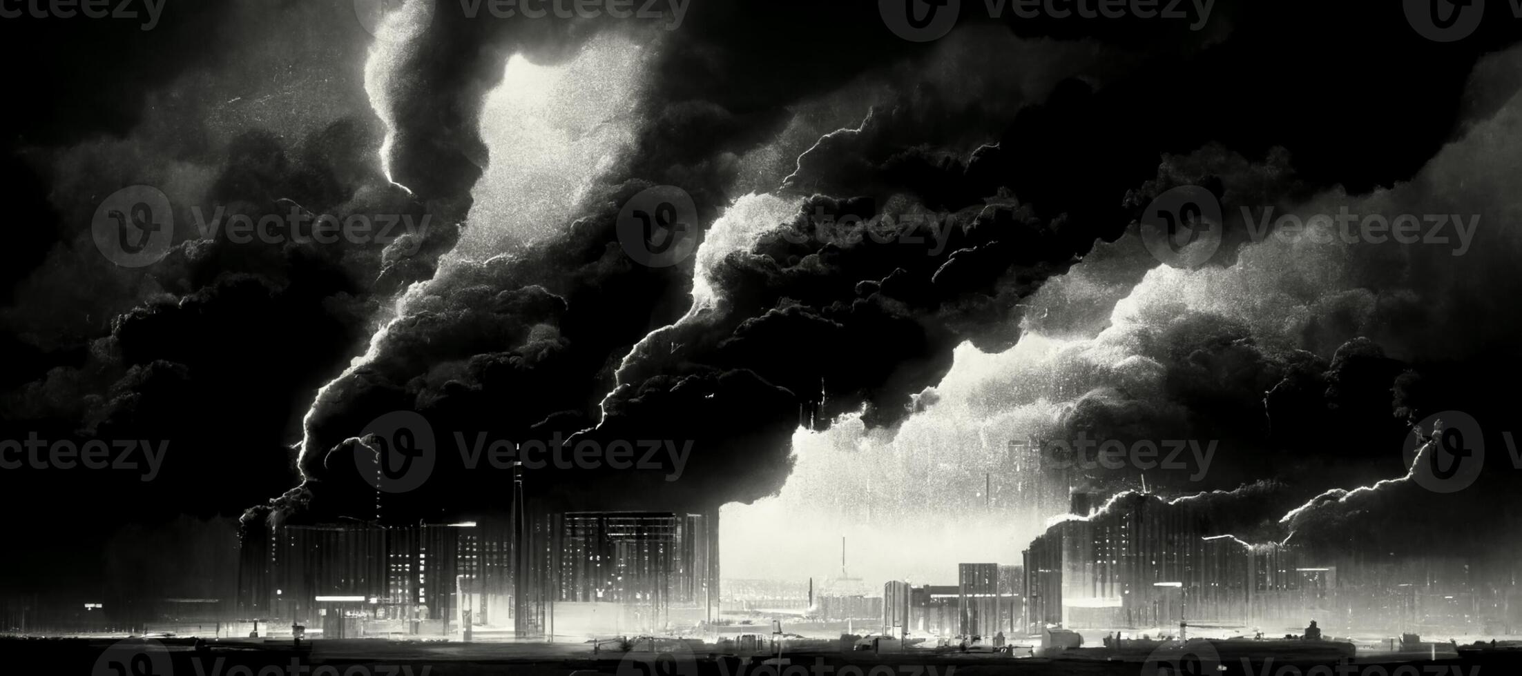 svart och vit Foto av en stad med rök kommande ut av Det. generativ ai.