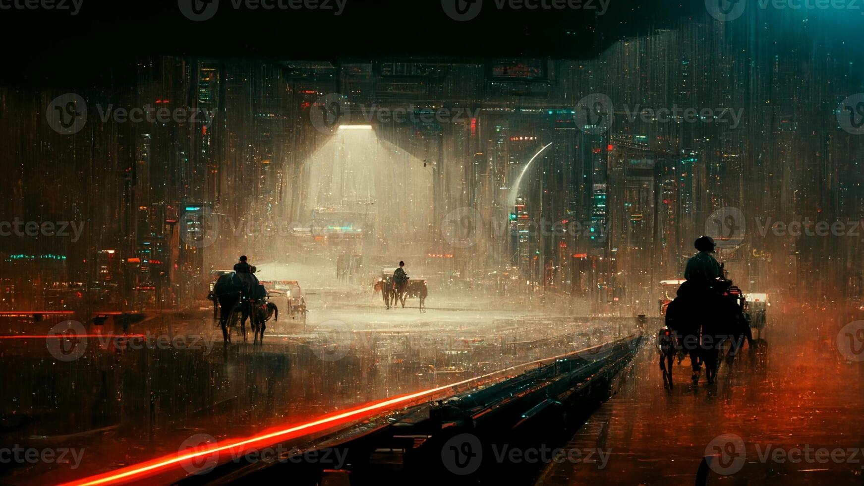 grupp av människor ridning hästar i de regn. generativ ai. foto