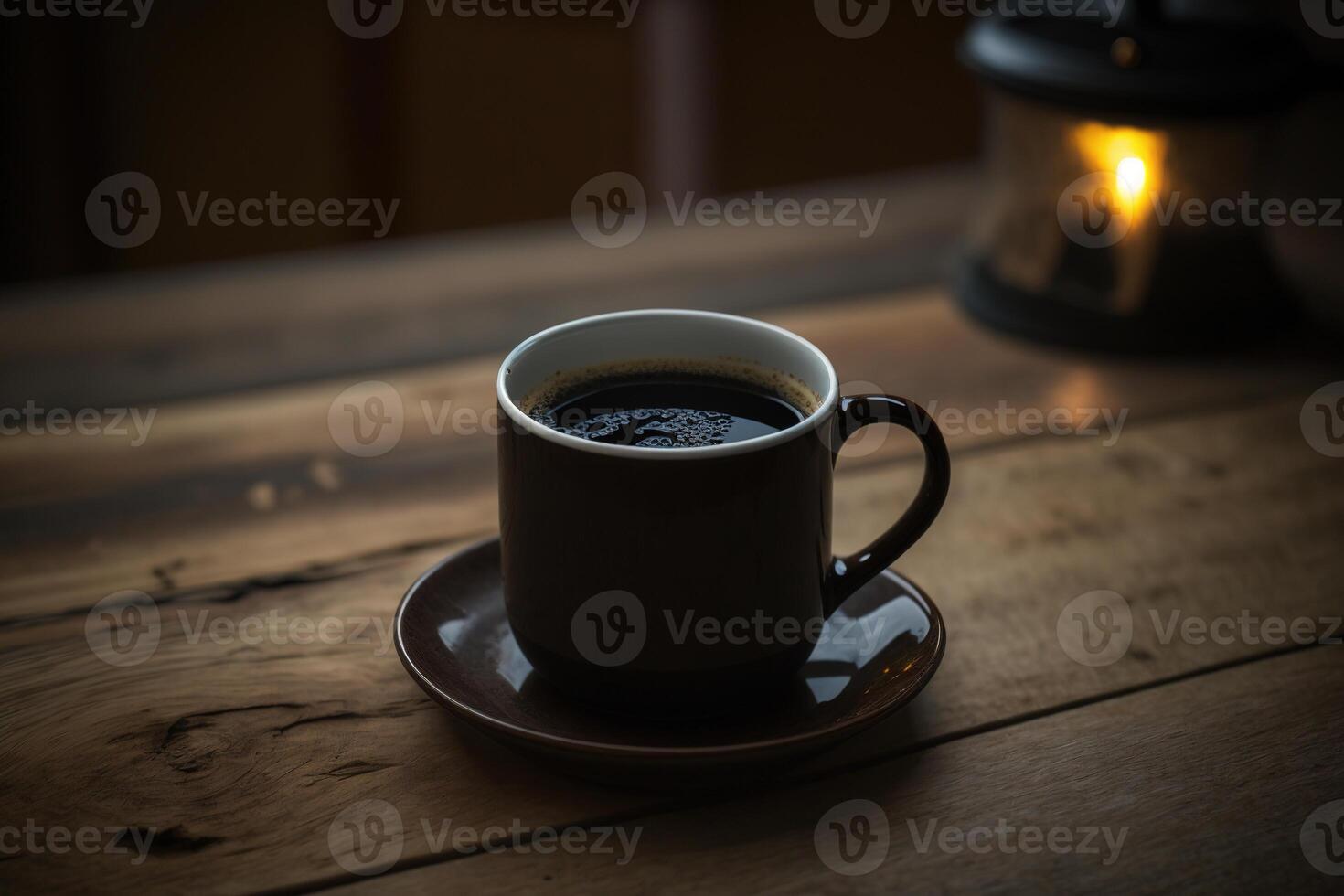 en kopp av varm svart kaffe på en trä- tabell, i en årgång atmosfär. ai genererad foto