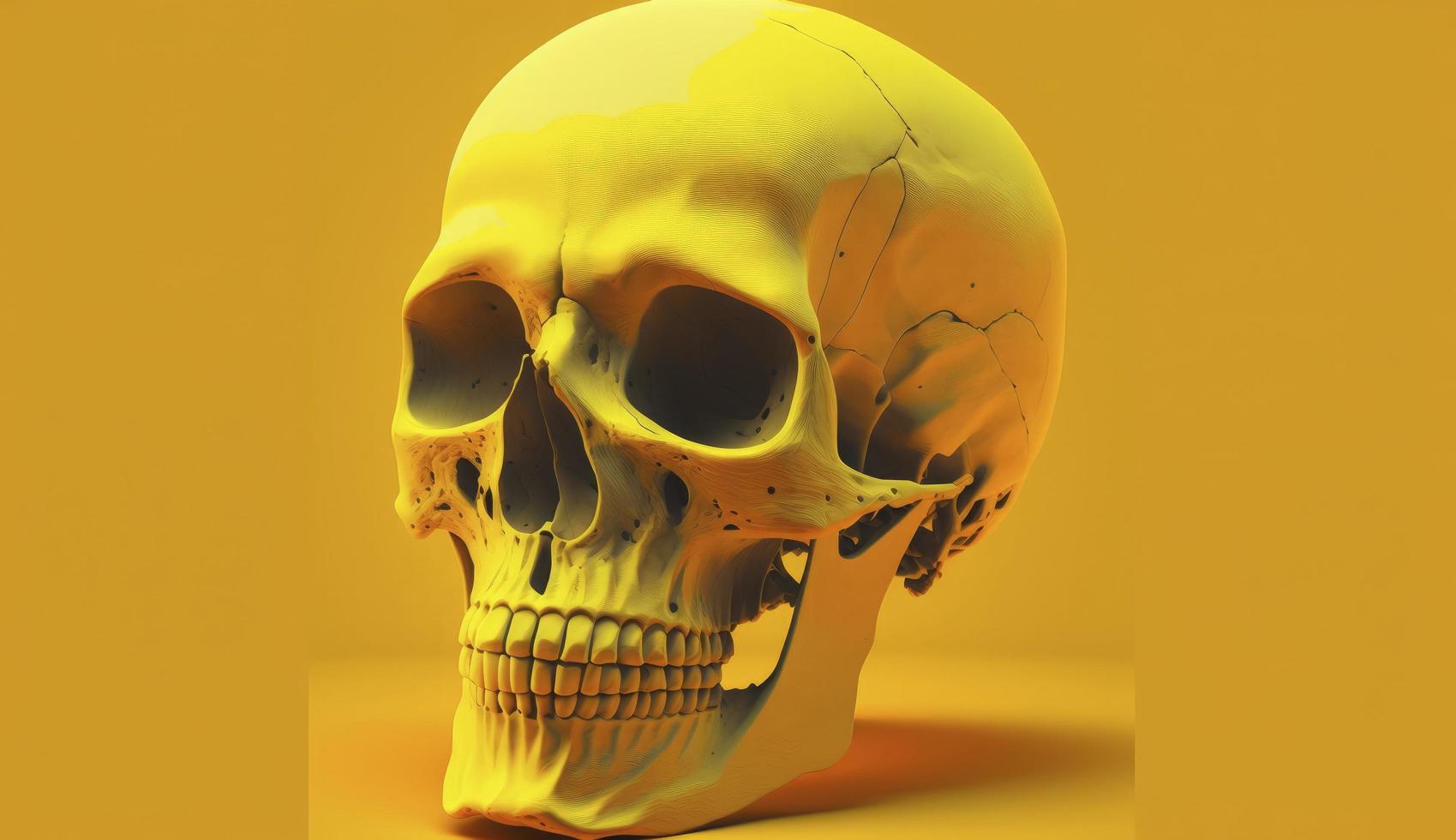 mänsklig skalle på gul bakgrund, generera ai foto