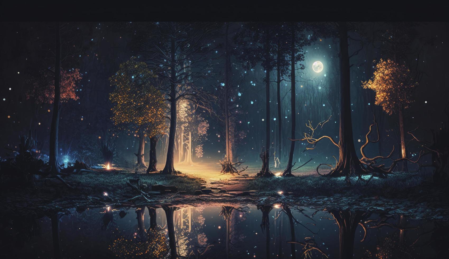 mystisk skog scen på natt som digital konst, generera ai foto